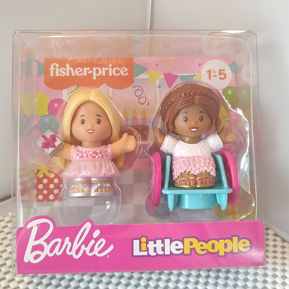 Fisher Price Little People Barbie 2 Figures Party Time Gift Wheelchair NWT